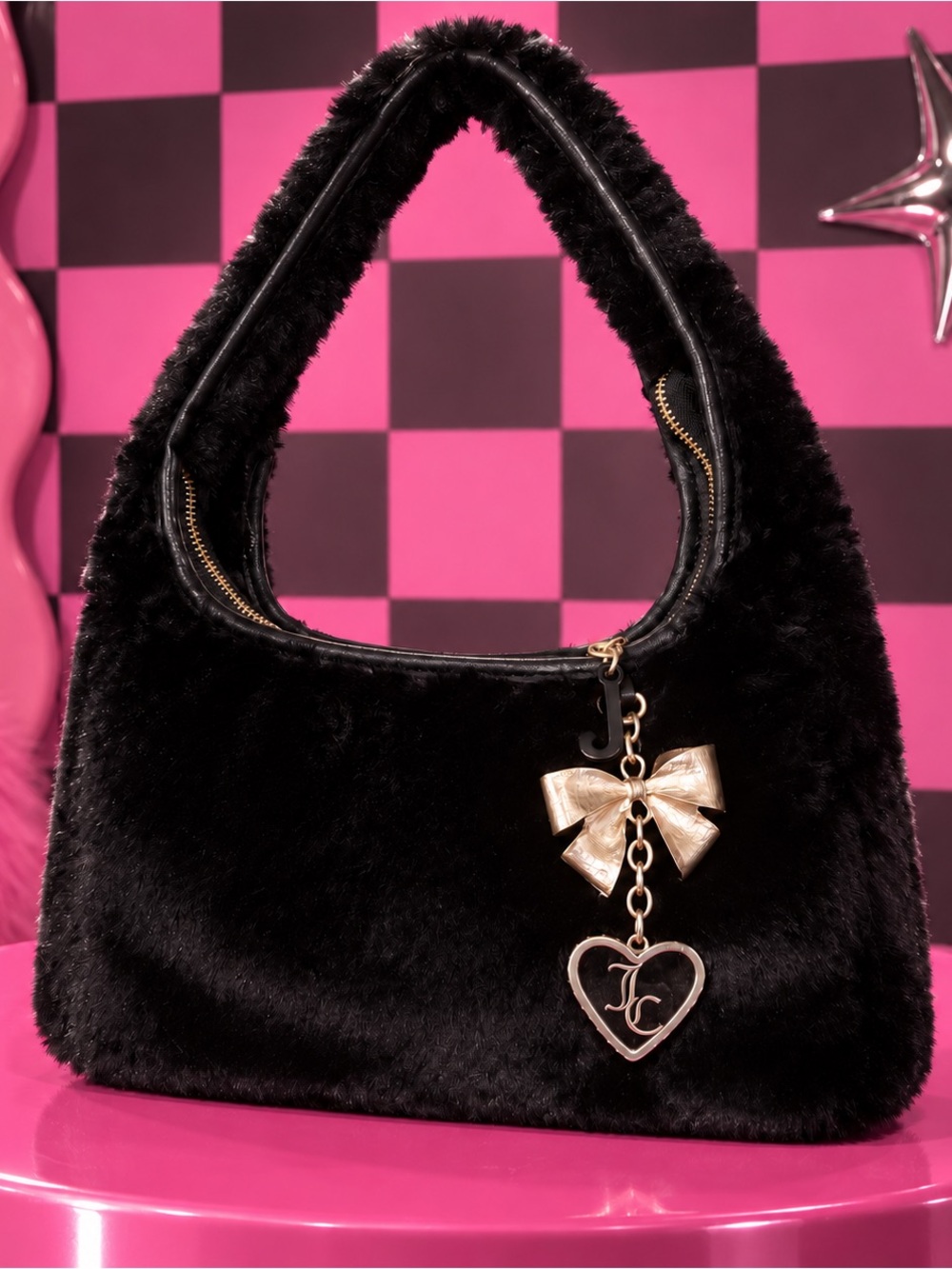 Juicy Couture Black Faux Fur Shoulder Bag with Gold Bow Heart Charm